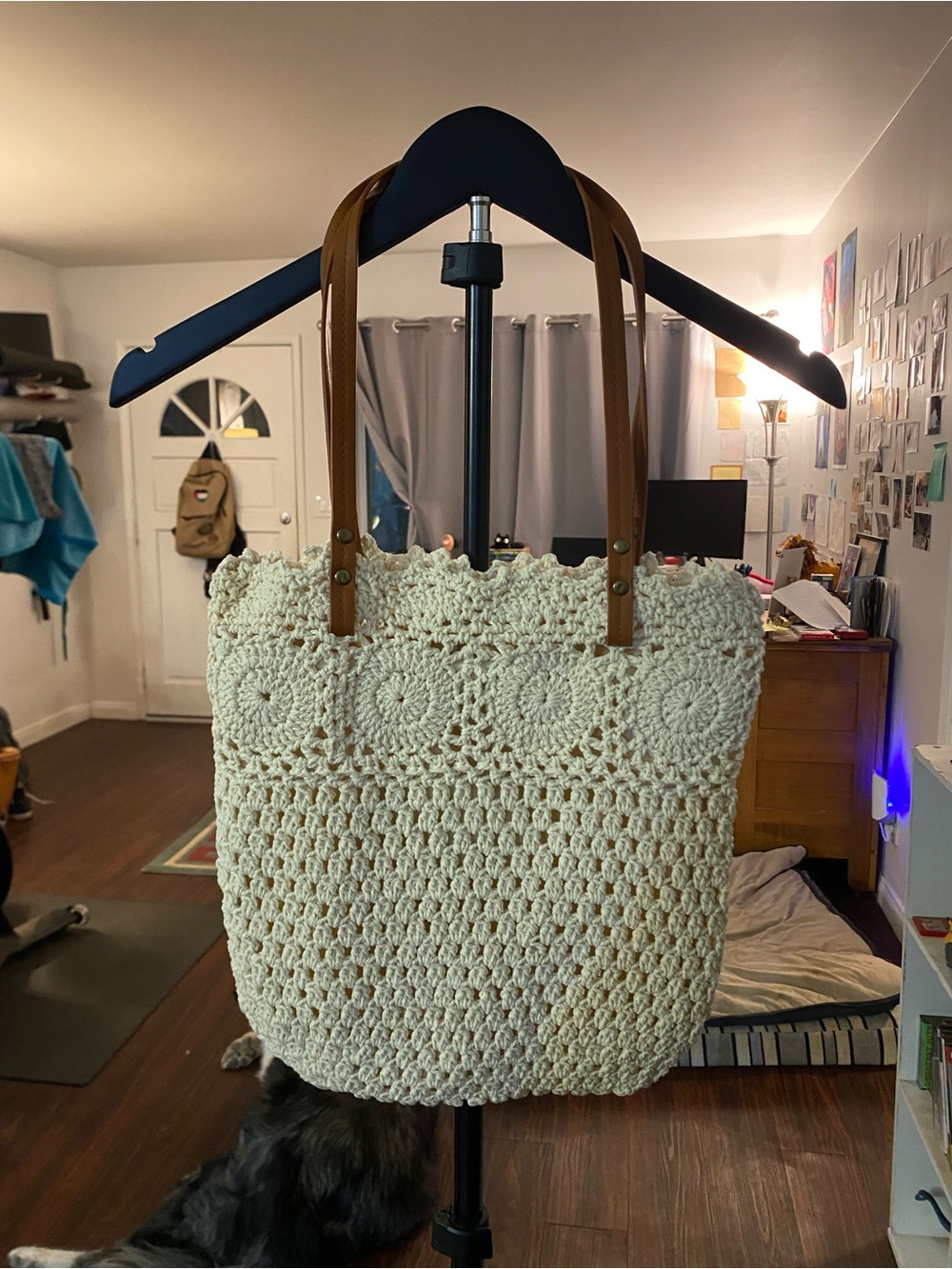 Handcrafted Cream Crochet Tote Bag with Brown Leather Straps